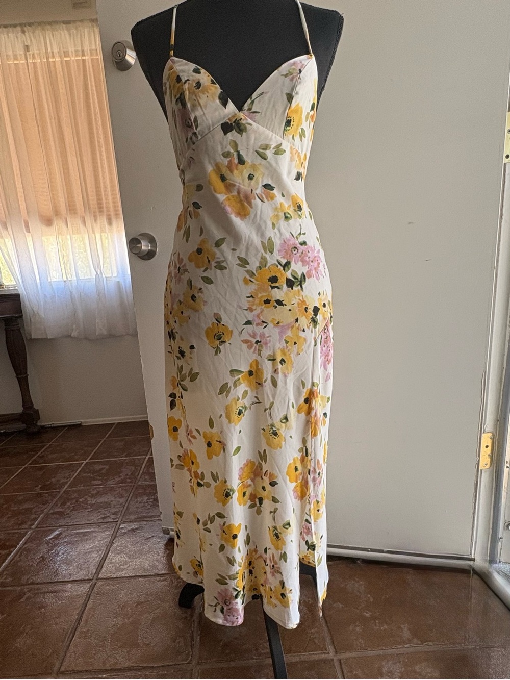 White Floral Maxi Slip Dress with Yellow & Pink Blooms